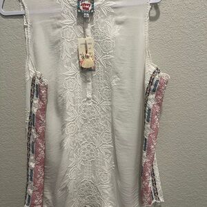 Johnny Was White Embroidered Blouse with Pink and Blue Accents